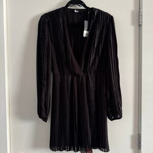 New The Kooples Short Black Lace Dress V-Neck Pleated Long Sleeve Sz 2 EU